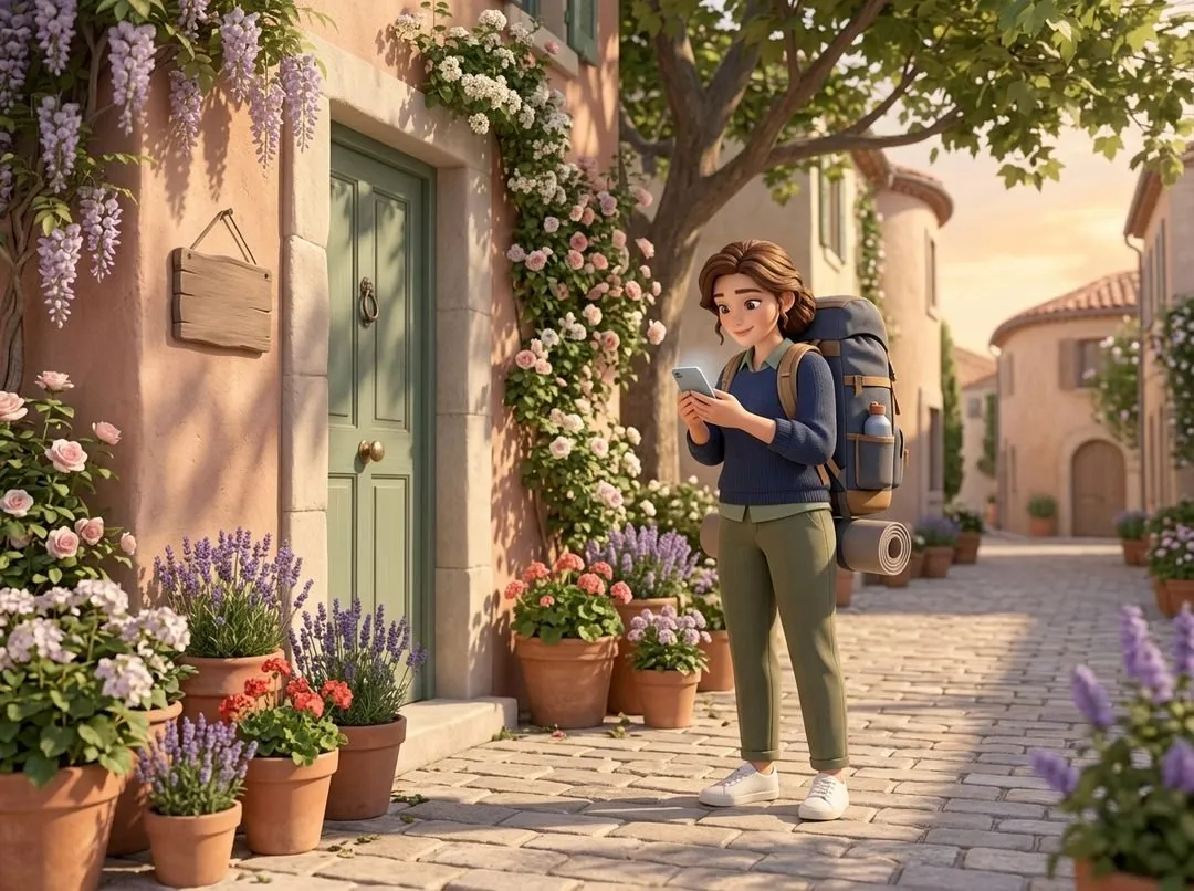 A digital nomad arriving at a small guesthouse with a backpack, checking directions on their phone.