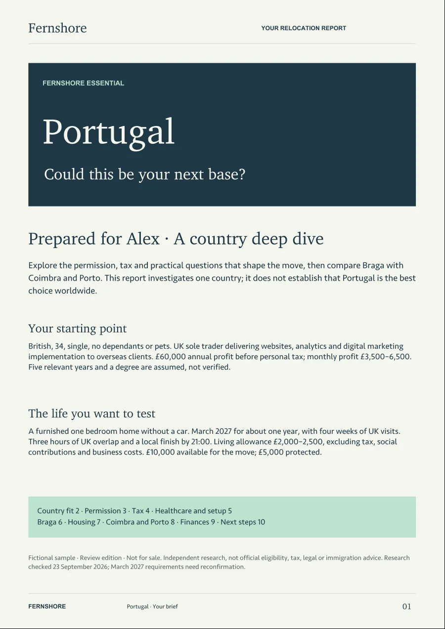 The first page of the Essential sample report: Portugal, could this be your next base?