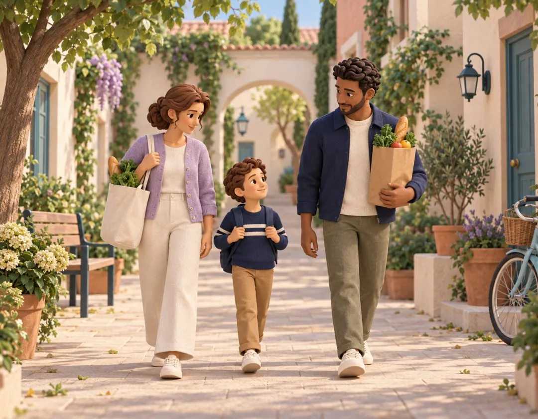A family of three walking down a sunny lane, carrying groceries home.