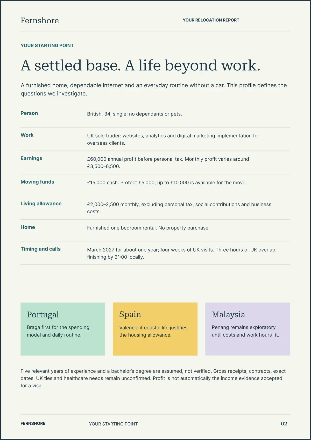 Page 2: A settled base. A life beyond work.. The text of this page follows the image.