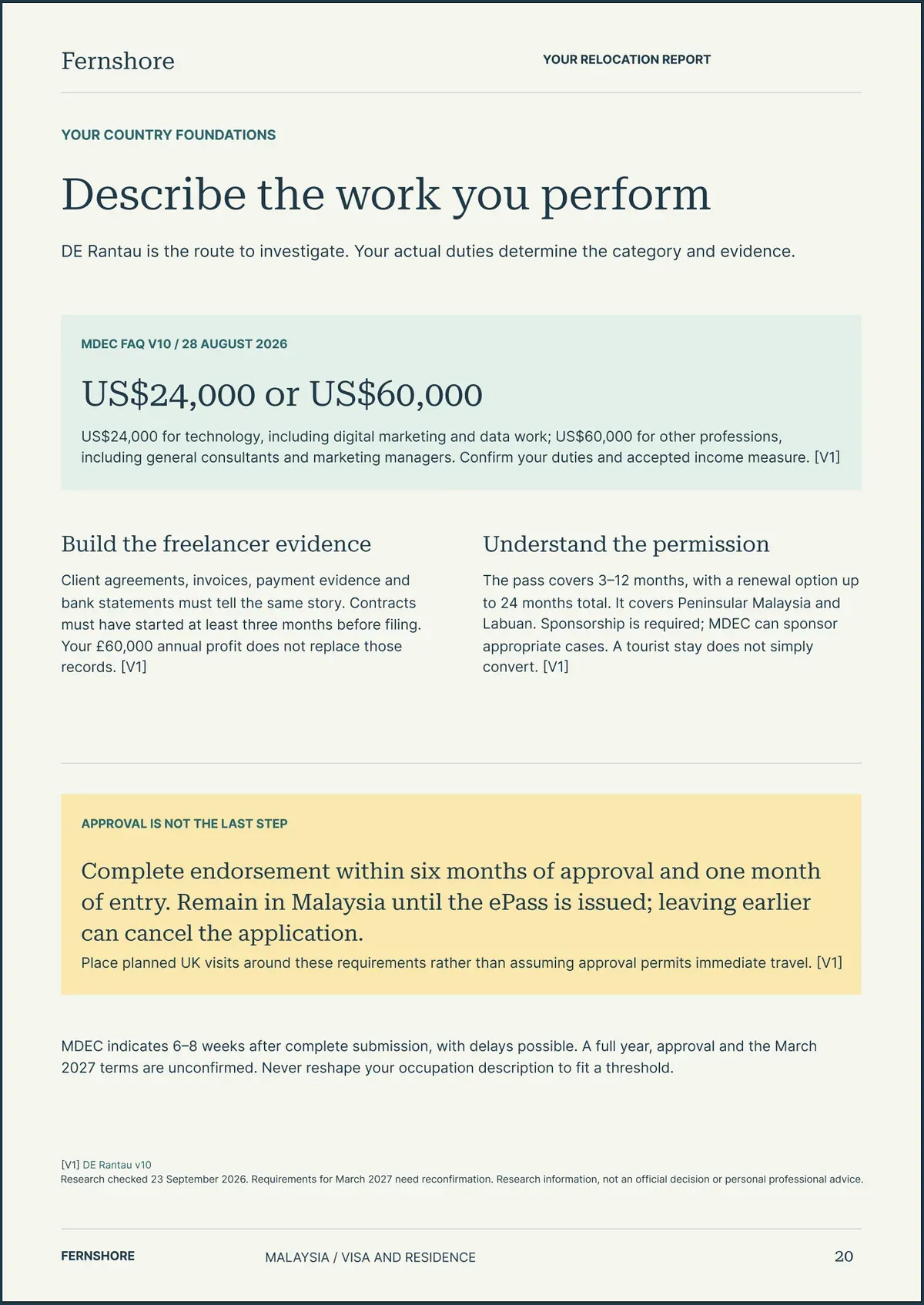 Page 20: Describe the work you perform. The text of this page follows the image.