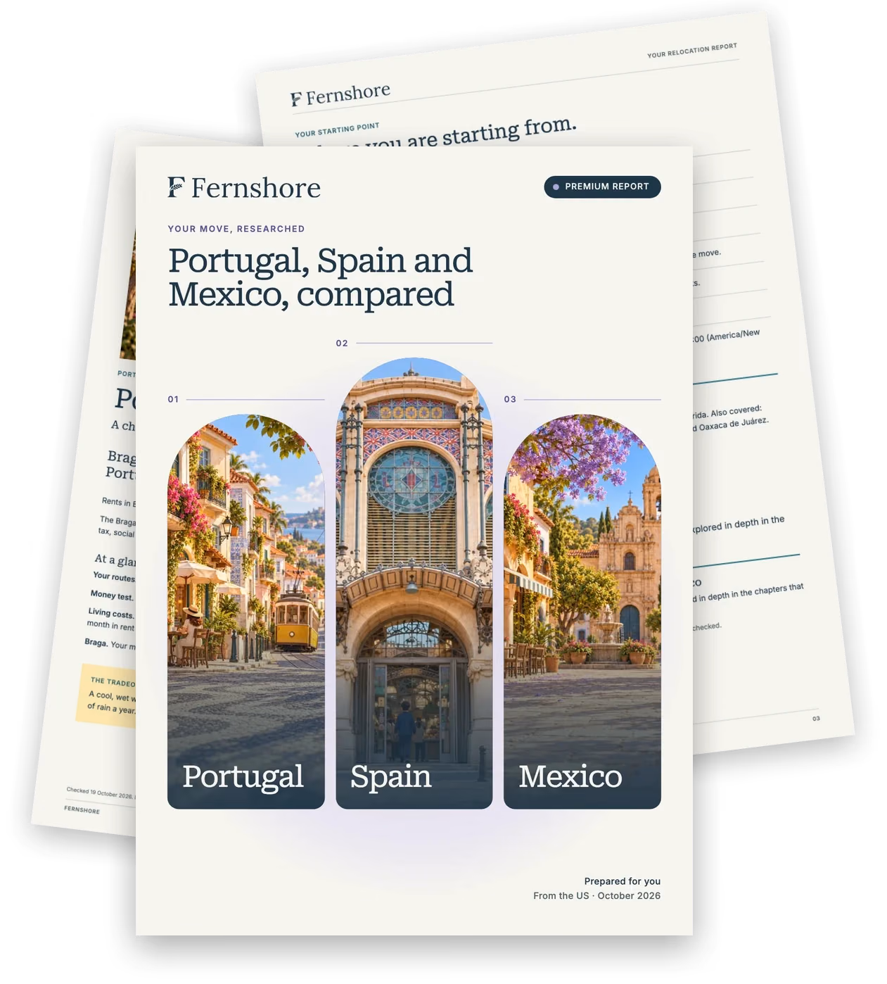 Pages from the Premium sample report: a cover comparing Portugal, Spain and Mexico under three arched pictures, over two inside pages.