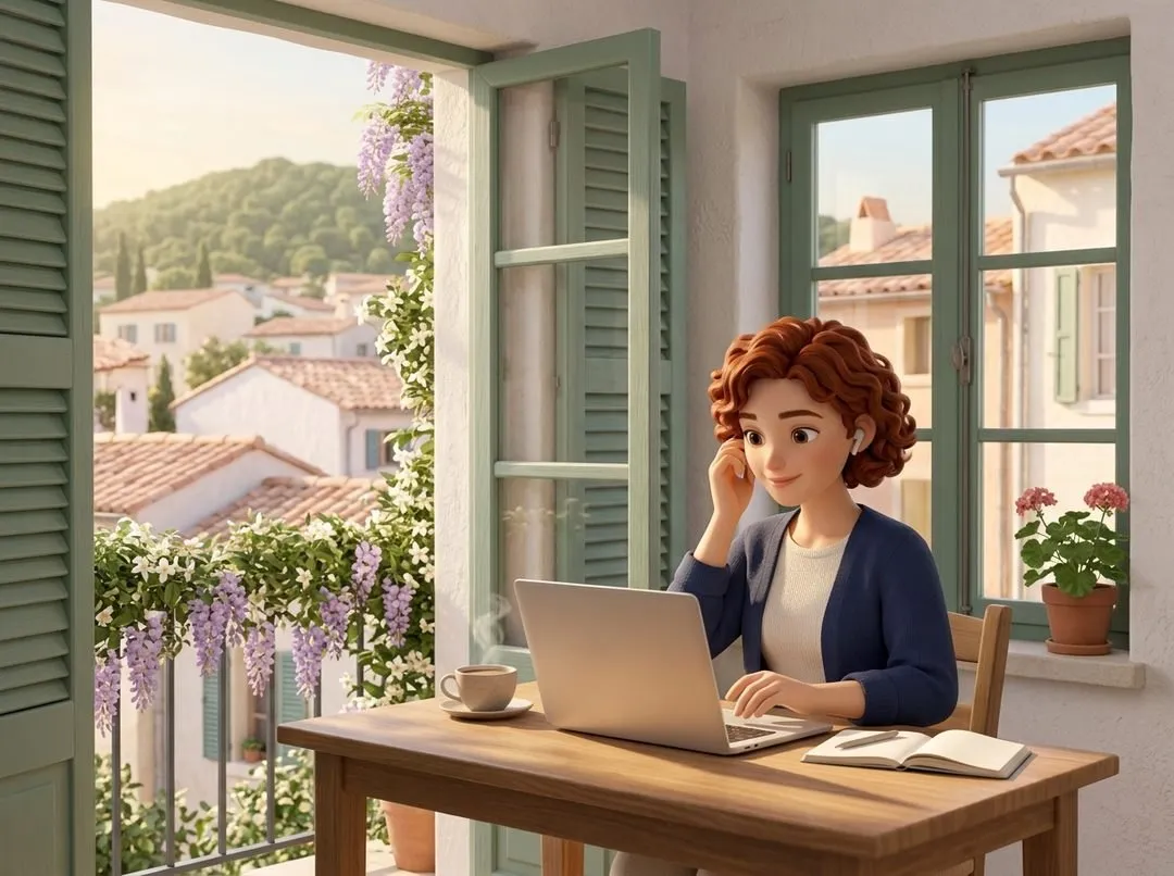 A remote worker at a desk by an open window, laptop open before a morning video call.