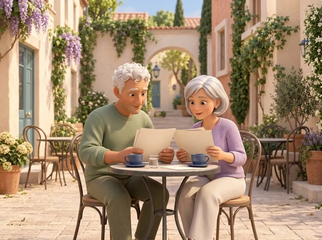 A retired couple on a sunny café terrace, reading through printed notes together.