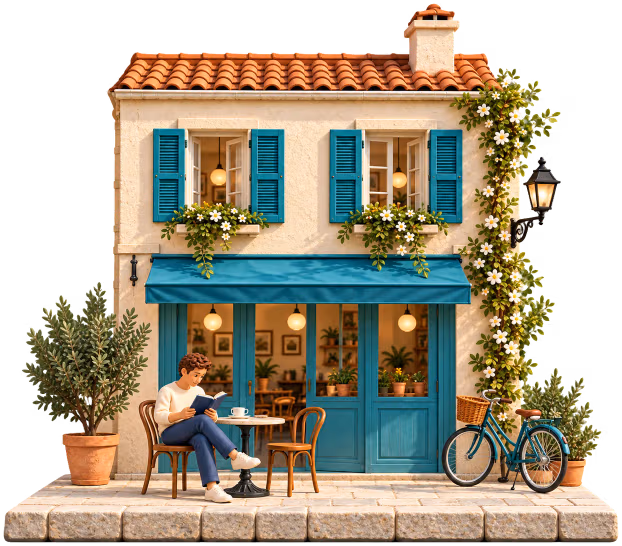 A man reads with a coffee outside a café with teal shutters, beside a bicycle and an olive tree
