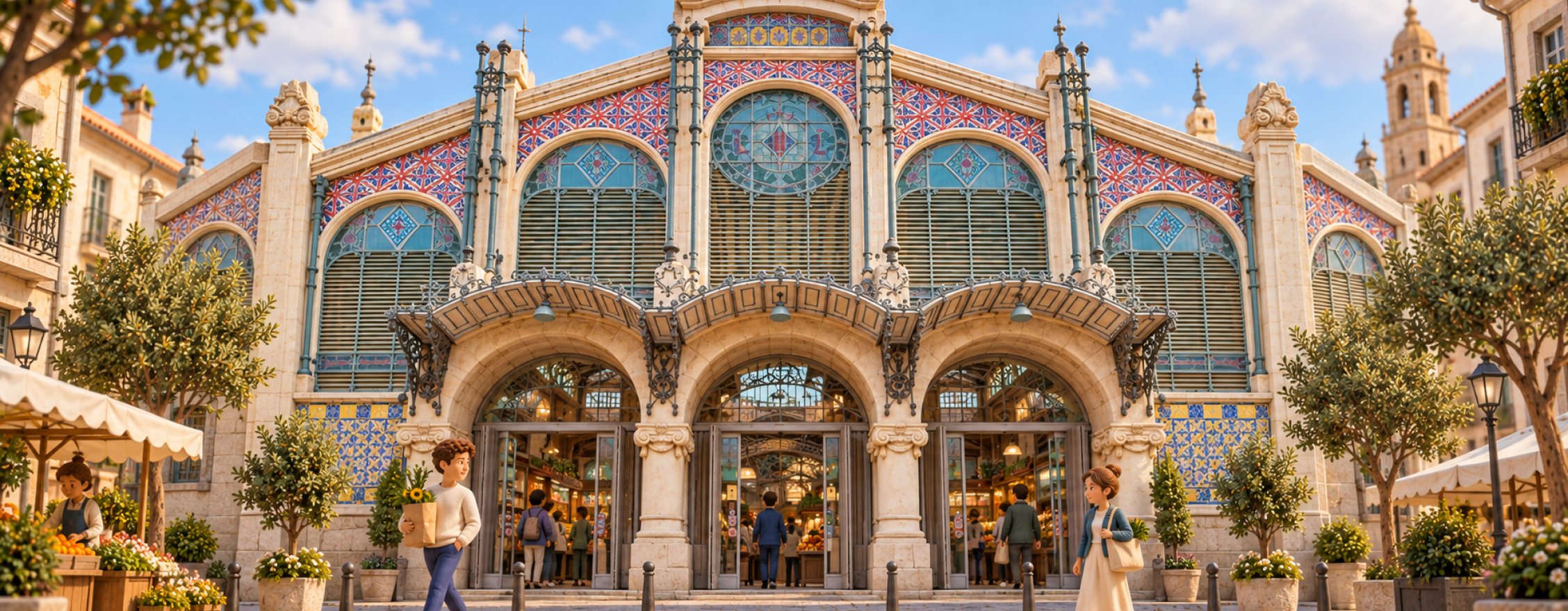 A busy covered market in a Spanish city, with shoppers walking past tiled arches.